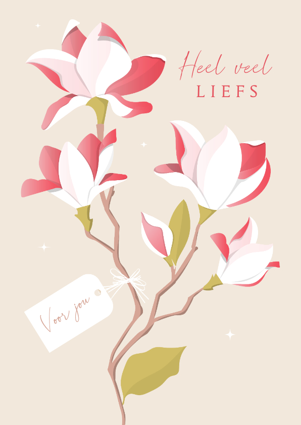 Sterkte kaarten - Sterktekaart illustratie wit-roze magnoliatak met label