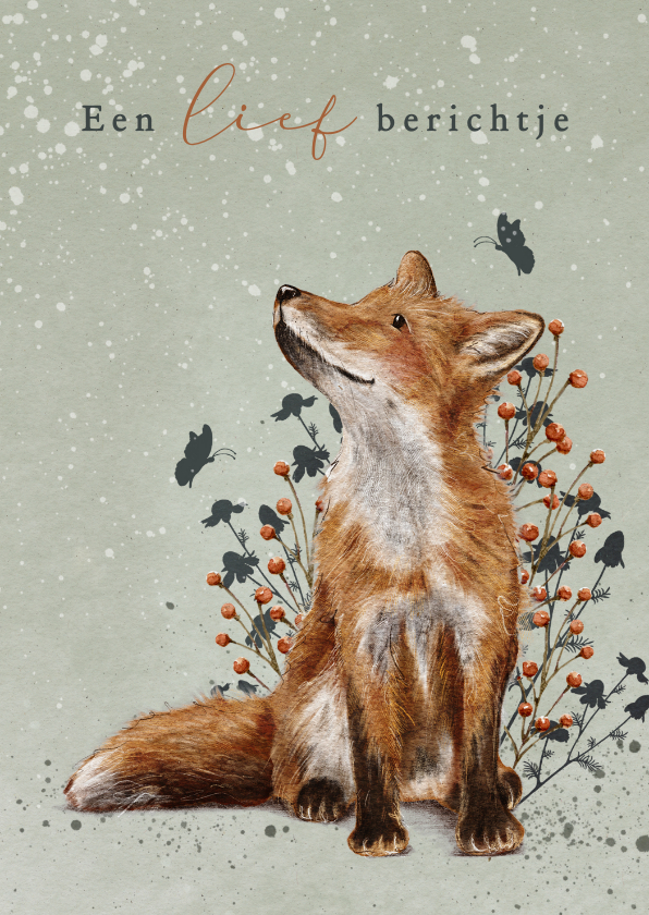 Sterkte kaarten - Sterktekaart met lieve vos en vlinders tussen de bloemen