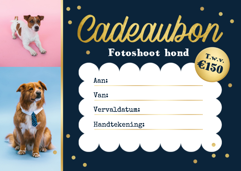 Tegoedbon maken - Cadeaubon fotoshoot huisdier hond confetti goud 