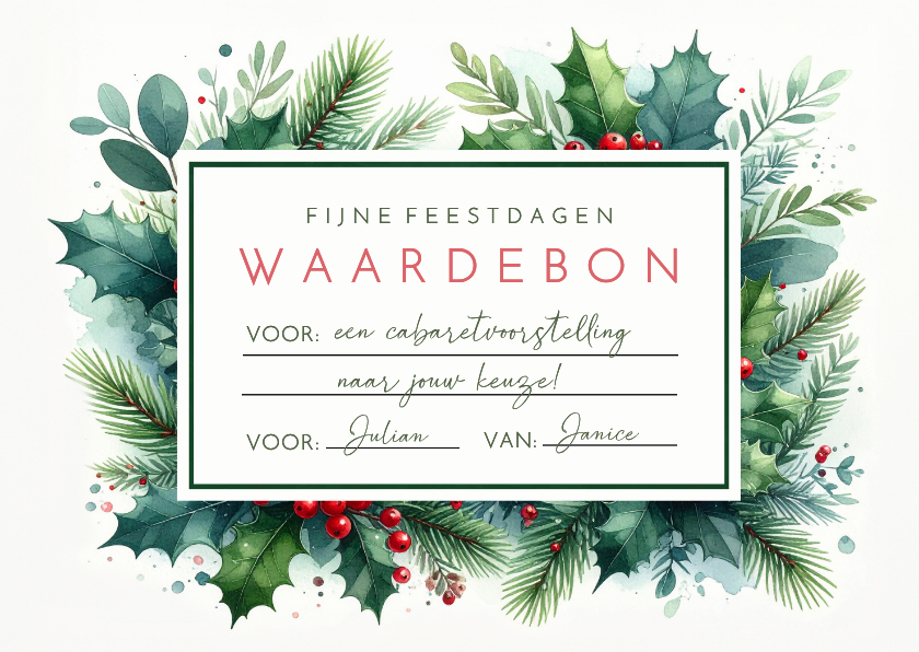 Kerst waardebon cheque met kersttakjes en tekst - Tegoedbon maken Tegoedbon maken - Kerst waardebon cheque met kersttakjes en tekst