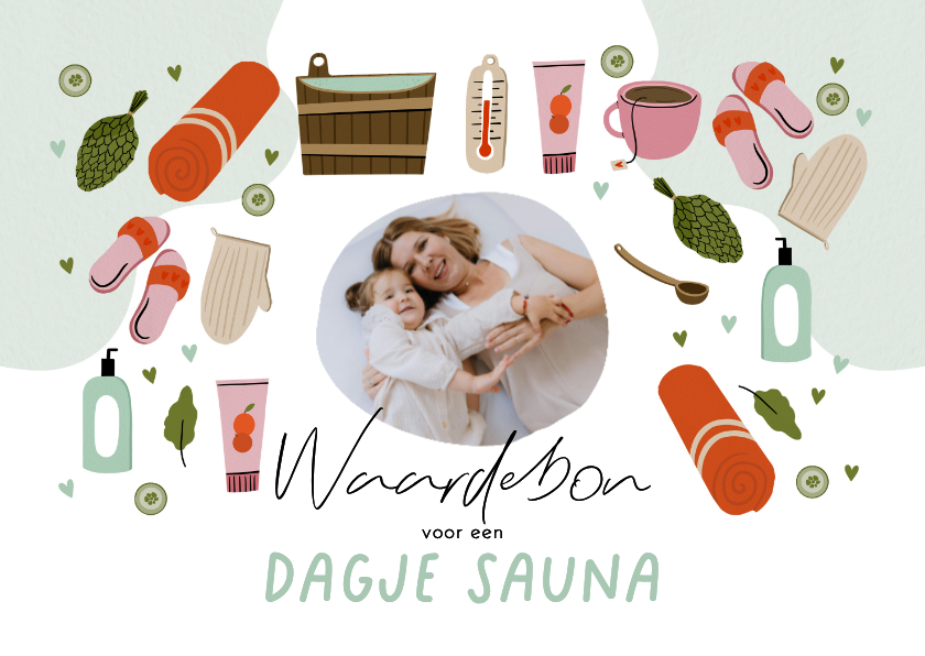 Tegoedbon maken - Tegoedbon kaart met foto dagje sauna moederdag illustraties