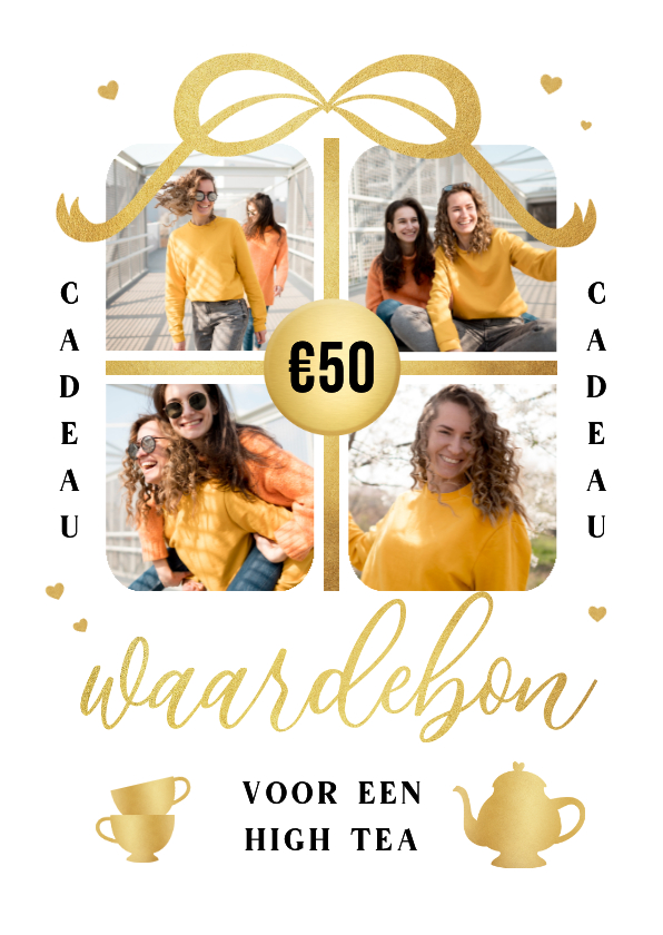Tegoedbon maken - Waardebon cadeau fotocollage high tea hartjes goud