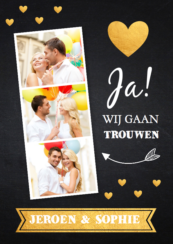 Trouwkaart fotocollage hartjes goud - LB - Trouwkaarten Trouwkaarten - Trouwkaart fotocollage hartjes goud - LB