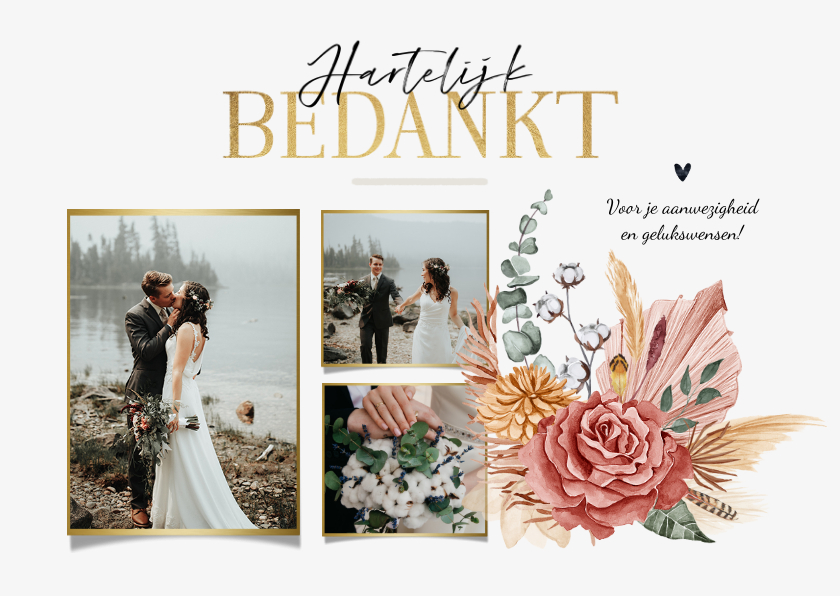 Trouwkaarten - Bedankkaart bohemian droogbloemen stijlvol goud fotocollage