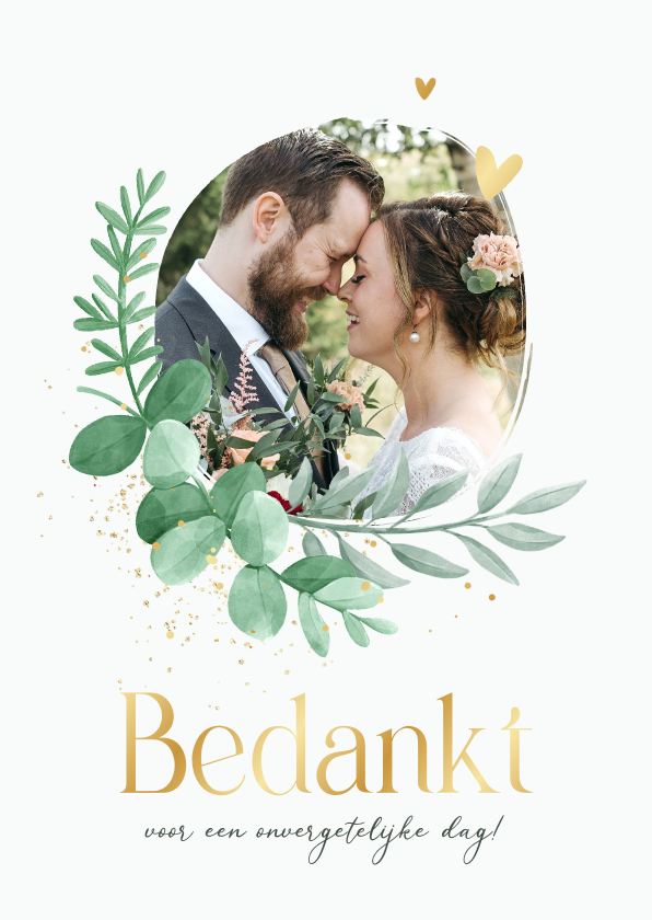 Trouwkaarten - Bedankkaart bruiloft botanisch eucalyptus foto goud