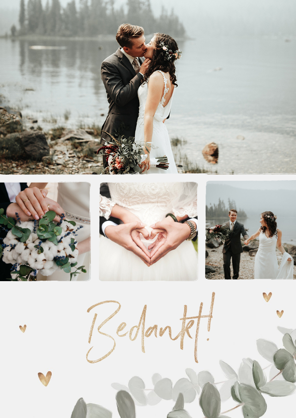 Trouwkaarten - Bedankkaart bruiloft eucalyptus gouden hartjes foto's