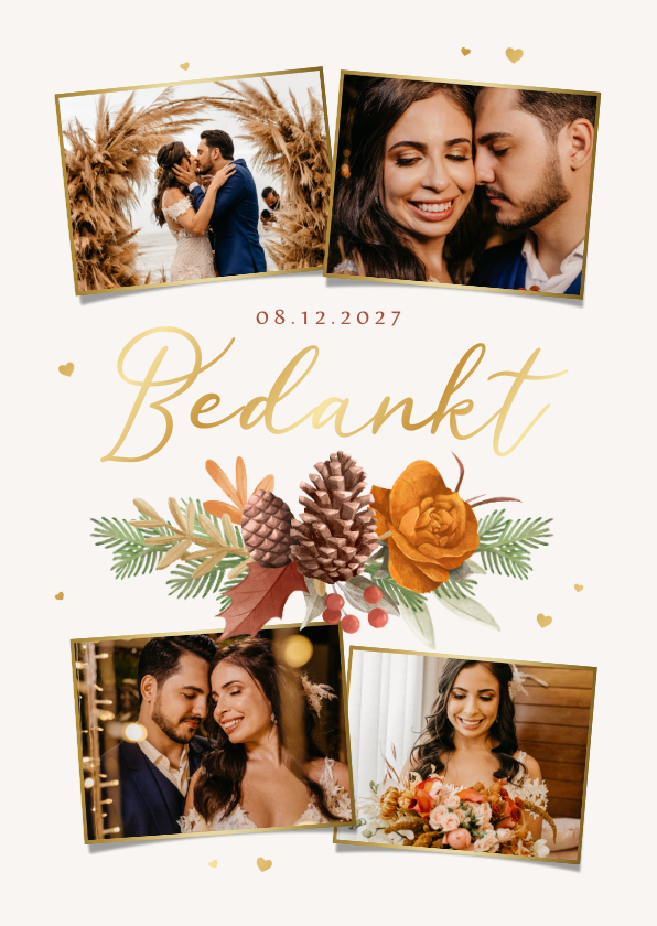 Trouwkaarten - Bedankkaart bruiloft foto's botanisch herfst bladeren hartje
