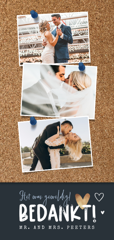 Trouwkaarten - Bedankkaart bruiloft fotocollage kurk punaise hartjes