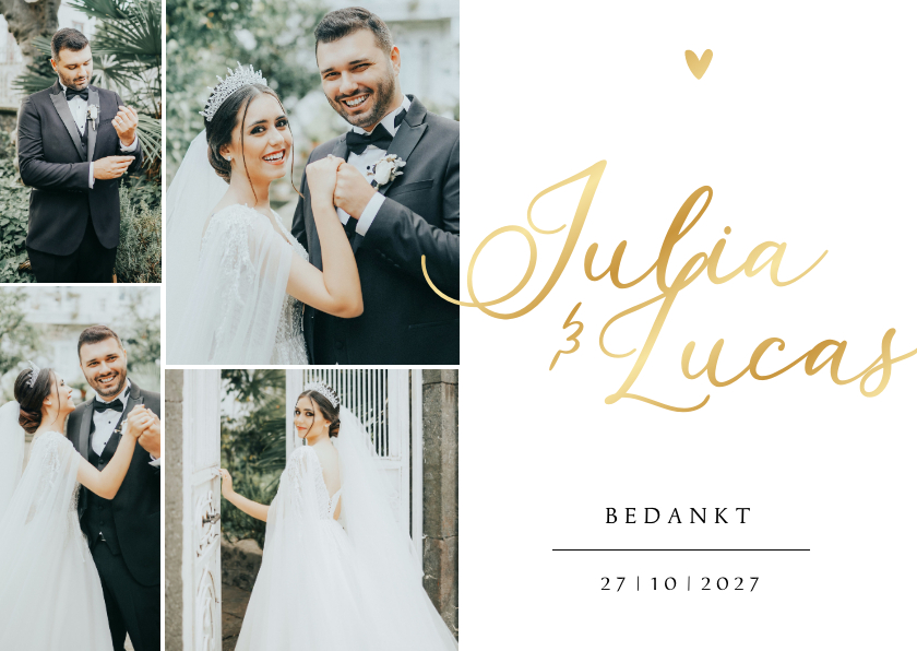 Bedankkaart bruiloft foto's foliedruk namen goud - Trouwkaarten Trouwkaarten - Bedankkaart bruiloft foto's foliedruk namen goud