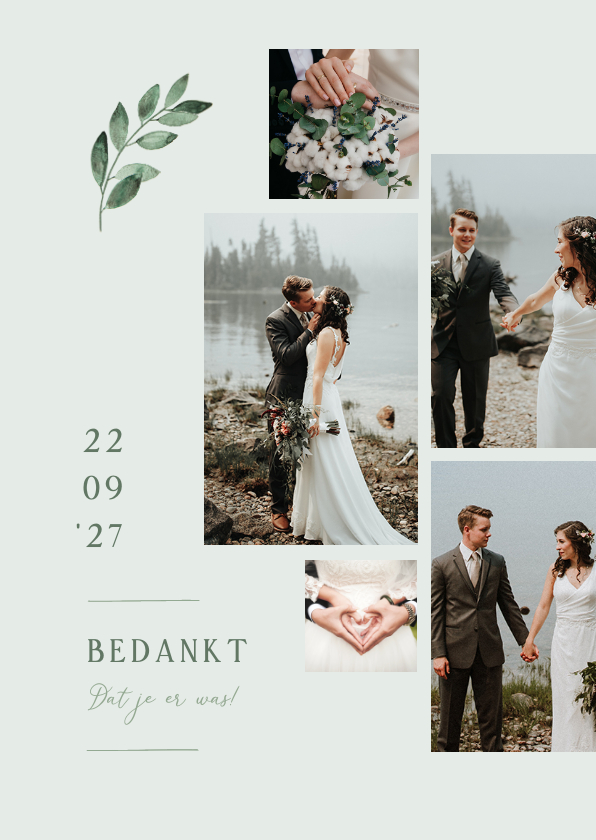 Trouwkaarten - Bedankkaart bruiloft grafisch waterverf takje fotocollage