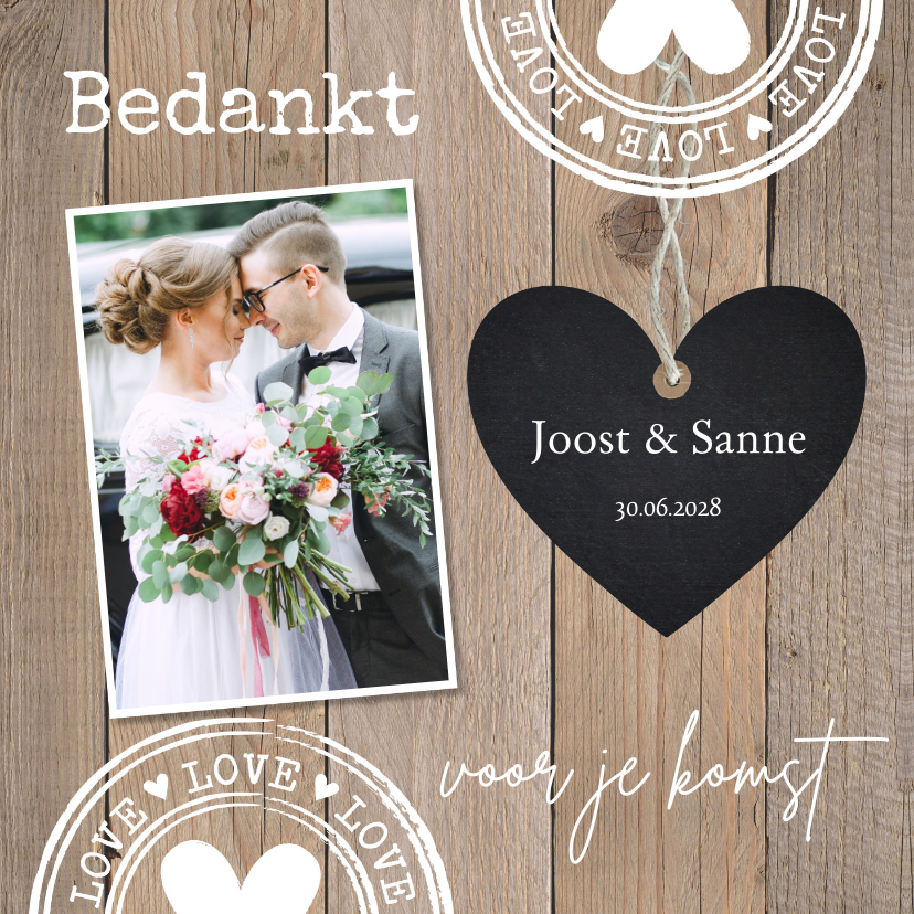 Trouwkaarten - Bedankkaart bruiloft houtlook hartje foto