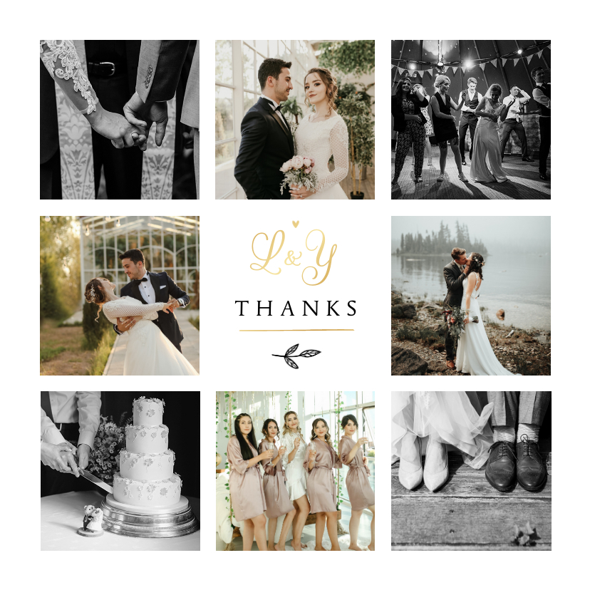 Trouwkaarten - Bedankkaart bruiloft klassiek fotocollage goud thanks