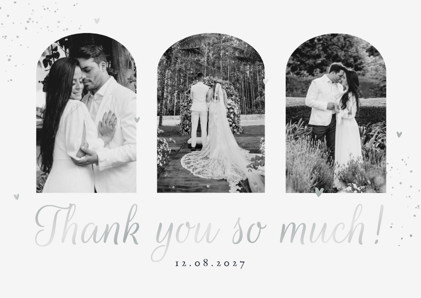 Trouwkaarten - Bedankkaart bruiloft stijlvol klassiek zilver foto hartjes