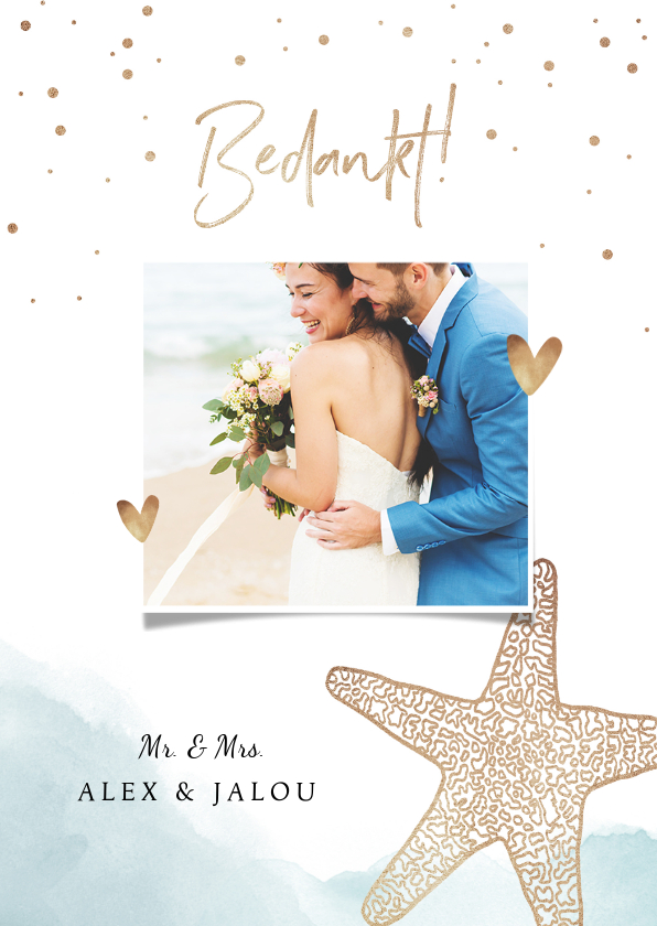 Trouwkaarten - Bedankkaart bruiloft strand klassiek zeester goud
