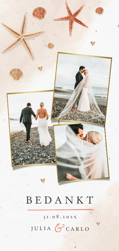 Trouwkaarten - Bedankkaart bruiloft strand schelpen waterverf zeesterren