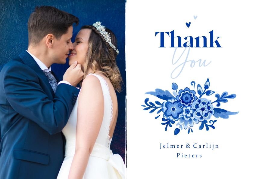 Trouwkaarten - Bedankkaart Delfts blauw bloemen stijlvol romantisch trouwen