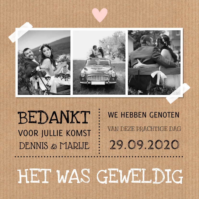 Bedankkaart fotocollage kraftlook typografie - Trouwkaarten Trouwkaarten - Bedankkaart fotocollage kraftlook typografie