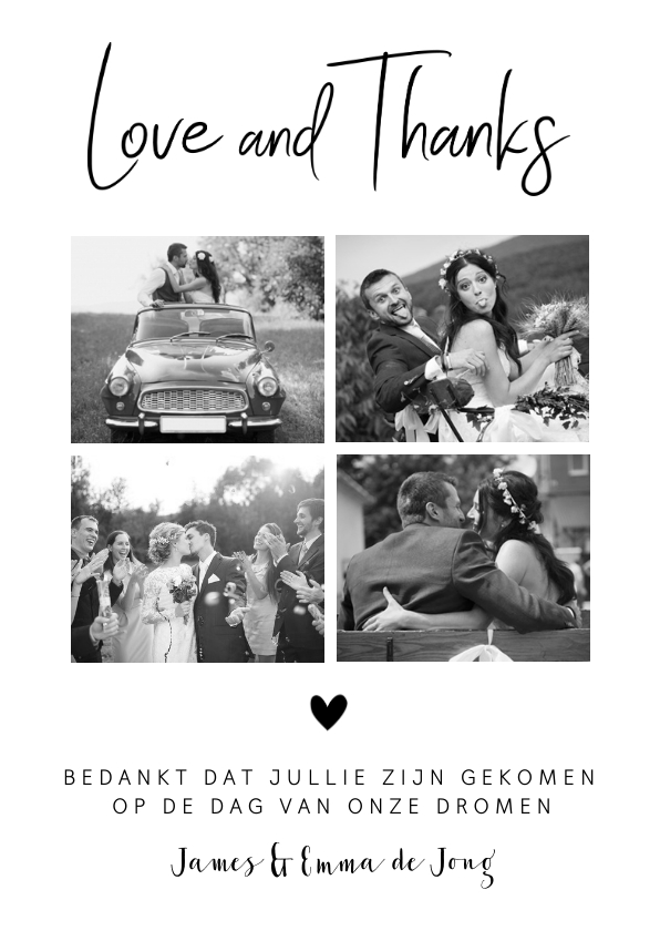 Trouwkaarten - Bedankkaart fotocollage zwart-wit hartje