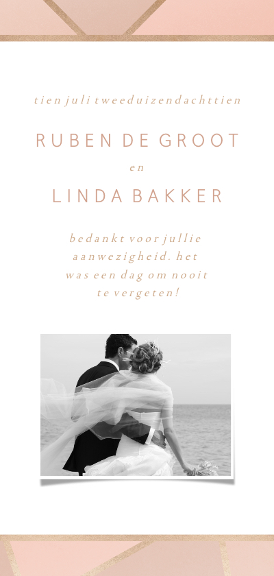 Bedankkaart geometrisch patroon koraal met foto - Trouwkaarten Trouwkaarten - Bedankkaart geometrisch patroon koraal met foto