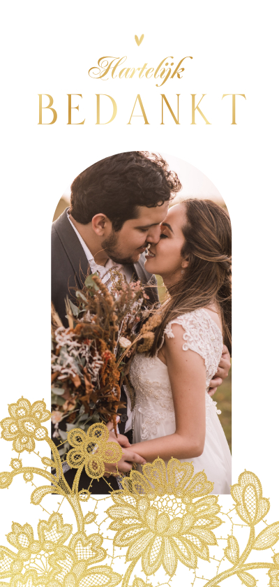 Bedankkaart goud kant bloemen hartjes trouwen - Trouwkaarten Trouwkaarten - Bedankkaart goud kant bloemen hartjes trouwen