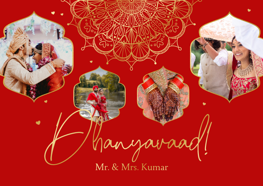 Trouwkaarten - Bedankkaart Hindoestaans romantisch rood hartjes mandala