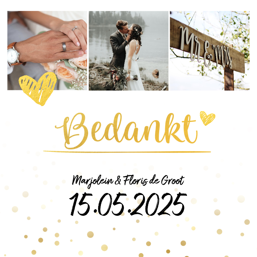 Bedankkaart huwelijk met foto goud - Trouwkaarten Trouwkaarten - Bedankkaart huwelijk met foto goud