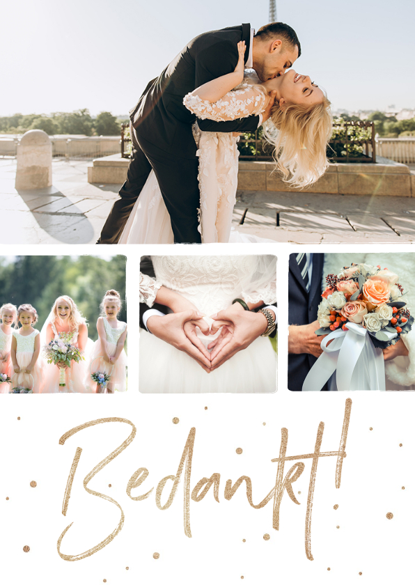 Trouwkaarten - Bedankkaart huwelijk stijlvol goudlook confetti fotocollage