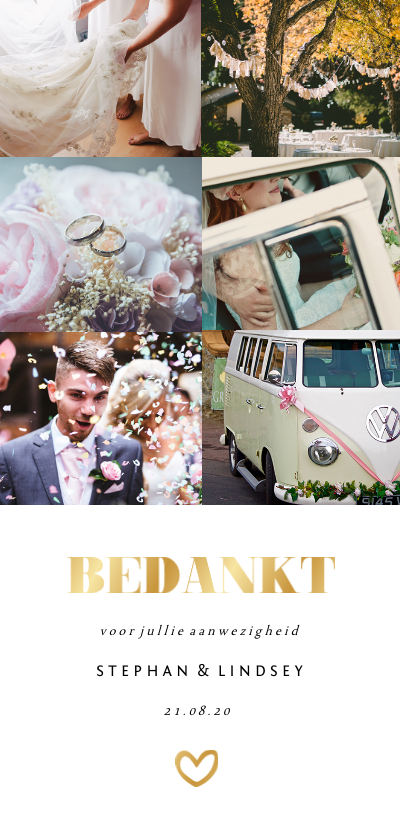 Bedankkaart lang met fotocollage en gouden accenten - Trouwkaarten Trouwkaarten - Bedankkaart lang met fotocollage en gouden accenten