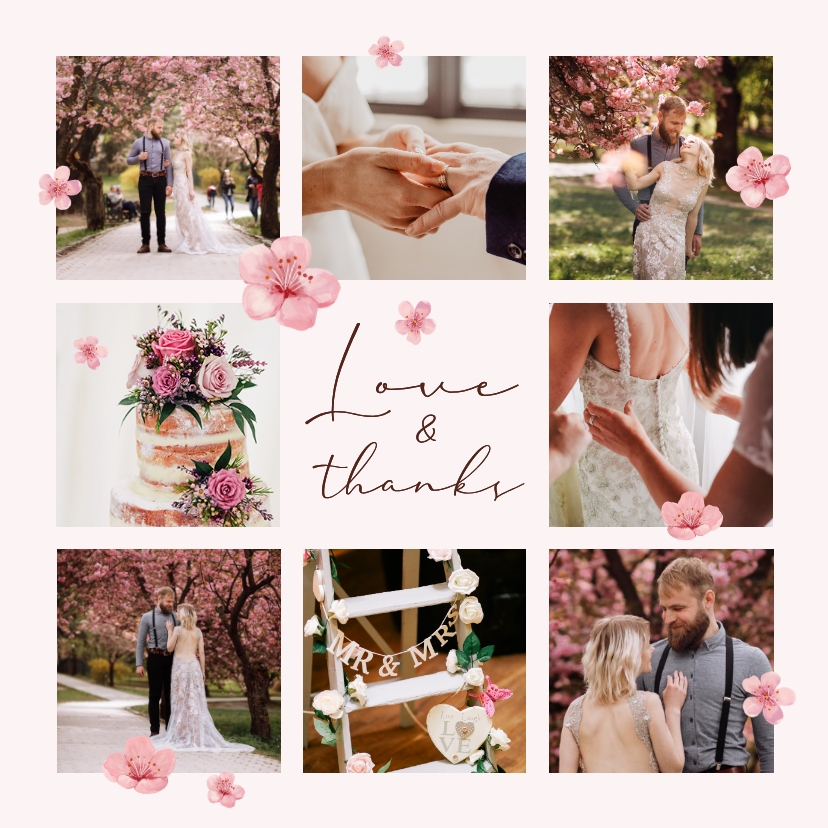 Trouwkaarten - Bedankkaart lente bruiloft fotocollage roze bloesem