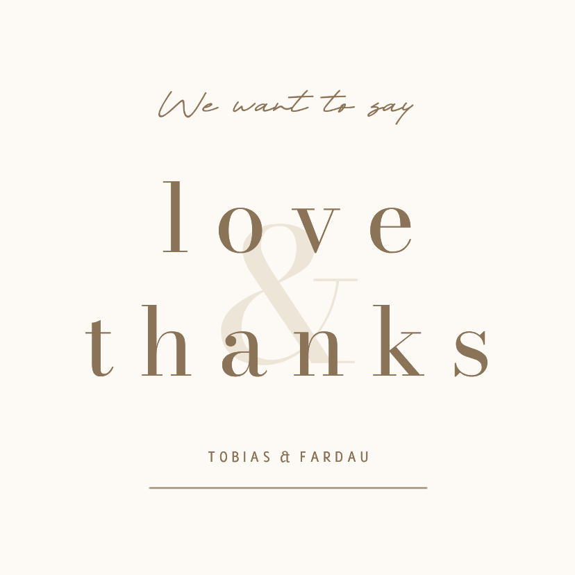 Bedankkaart minimalistische beige met bruin love & thanks - Trouwkaarten Trouwkaarten - Bedankkaart minimalistische beige met bruin love & thanks