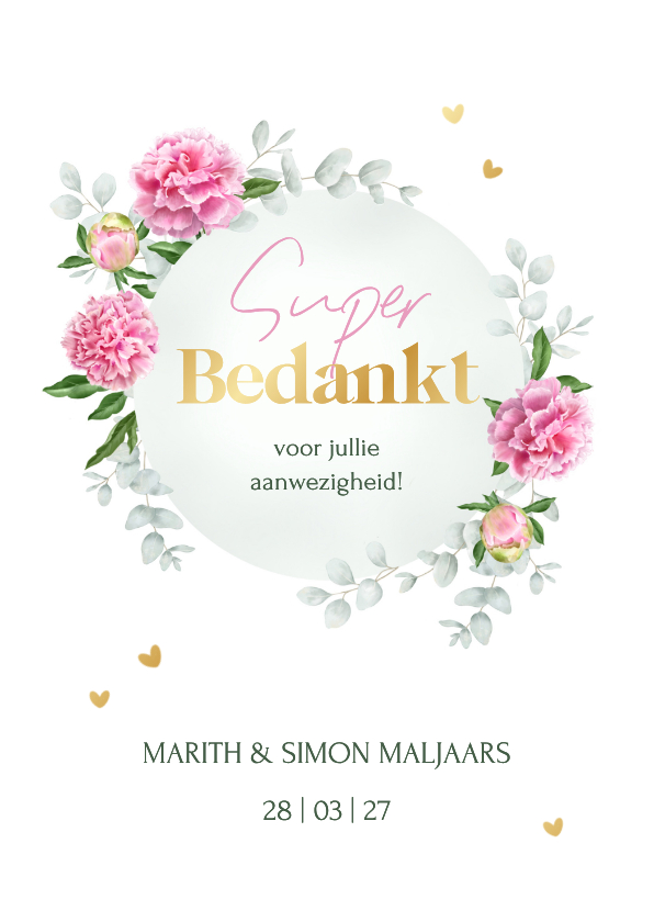 Trouwkaarten - Bedankkaart roze pioenrozen en eucalyptus takjes