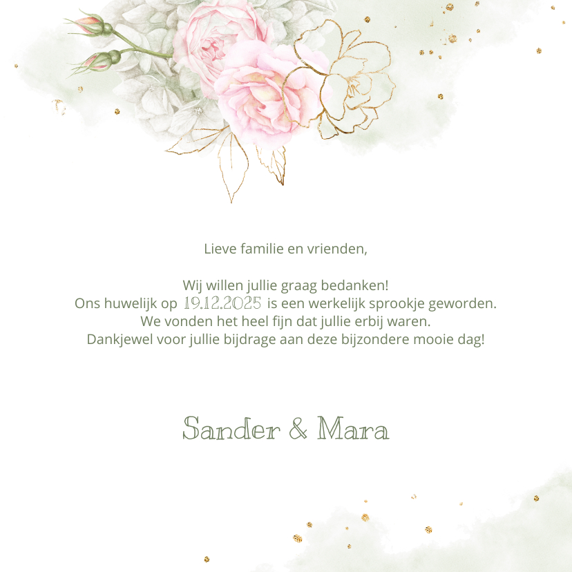 Bedankkaart roze rozen met goud - Trouwkaarten Trouwkaarten - Bedankkaart roze rozen met goud