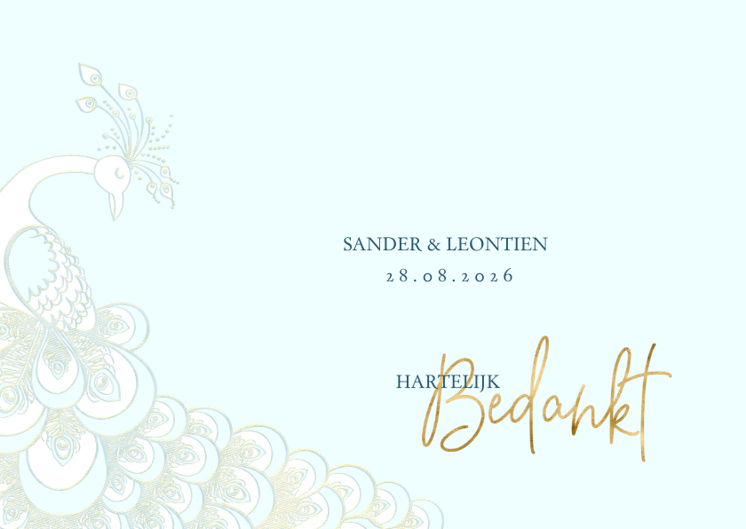 Bedankkaart sierlijke pauw wit-blauw-goud - Trouwkaarten Trouwkaarten - Bedankkaart sierlijke pauw wit-blauw-goud