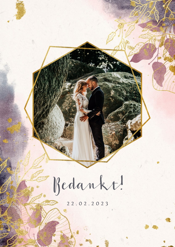 Bedankkaart stijlvol met foto, waterverf en gouden bloemen - Trouwkaarten Trouwkaarten - Bedankkaart stijlvol met foto, waterverf en gouden bloemen