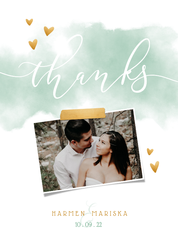 Trouwkaarten - Bedankkaart 'THANKS' met waterverf, gouden hartjes en foto