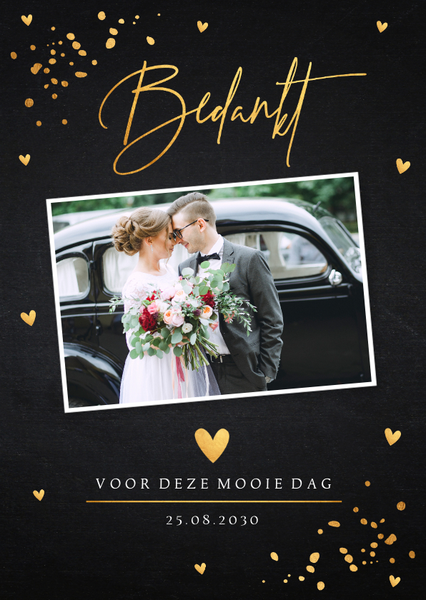 Trouwkaarten - Bedankkaart trouwen foto goudlook confetti