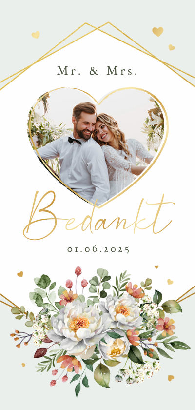 Trouwkaarten - Bedankkaart trouwen hartjes liefde bloemen boeket goud