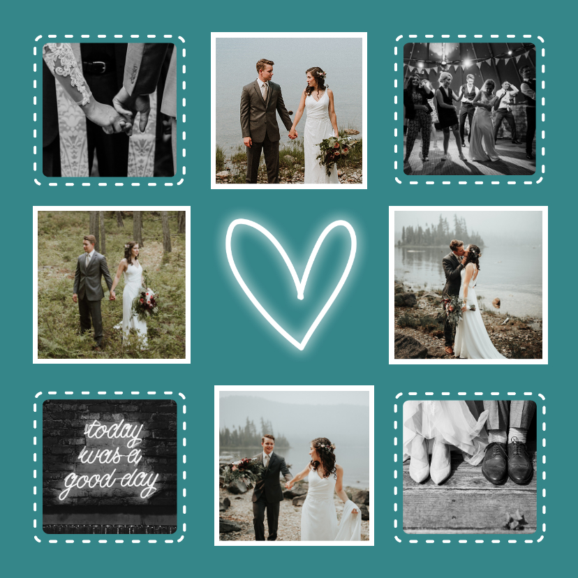 Bedankkaart trouwen hip met fotocollage en neon hartje - Trouwkaarten Trouwkaarten - Bedankkaart trouwen hip met fotocollage en neon hartje