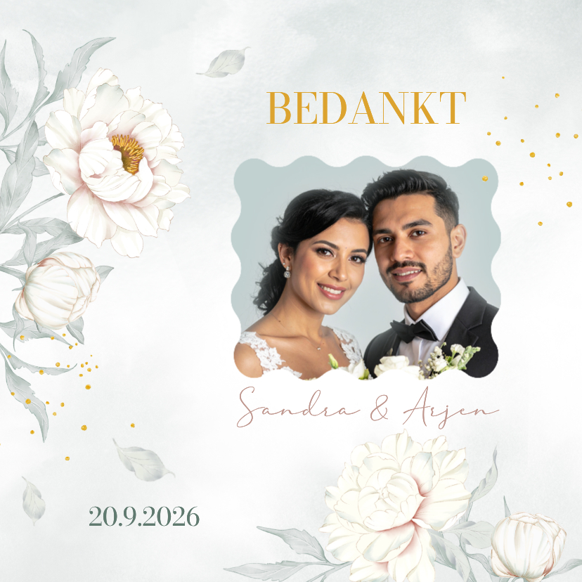 Trouwkaarten - Bedankkaart witte pioenrozen met goudlook