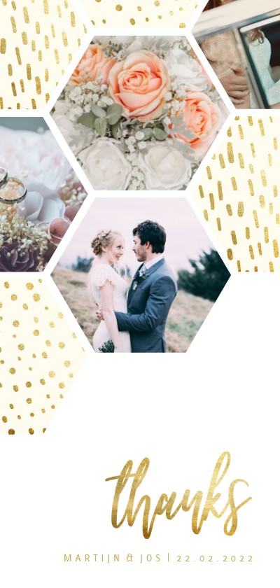 Bedankkaart zeshoek fotocollage met gouden confetti - Trouwkaarten Trouwkaarten - Bedankkaart zeshoek fotocollage met gouden confetti