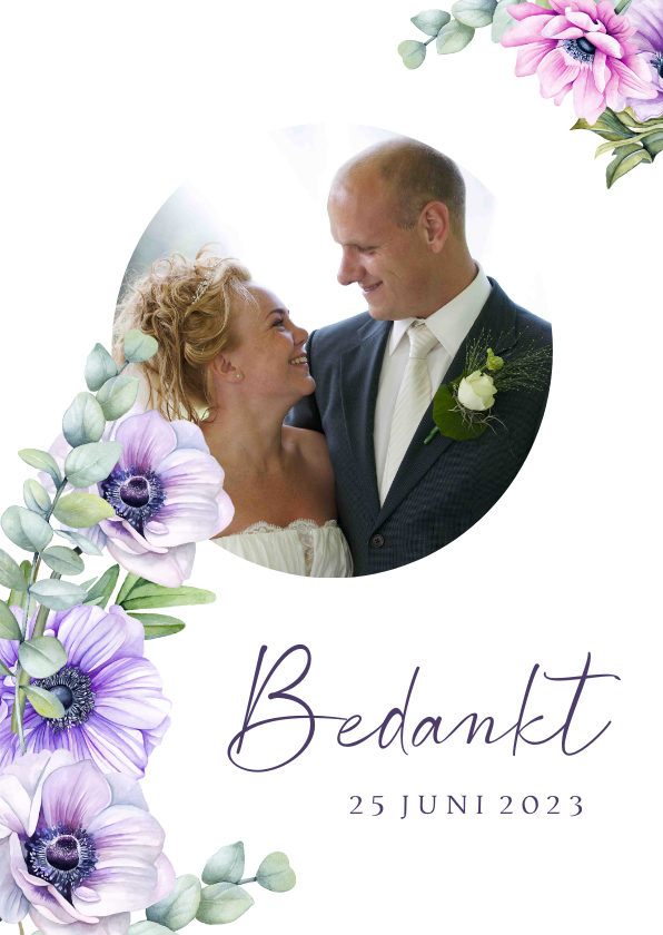 Bedankkaartje anemoontjes eucalyptus - Trouwkaarten Trouwkaarten - Bedankkaartje anemoontjes eucalyptus