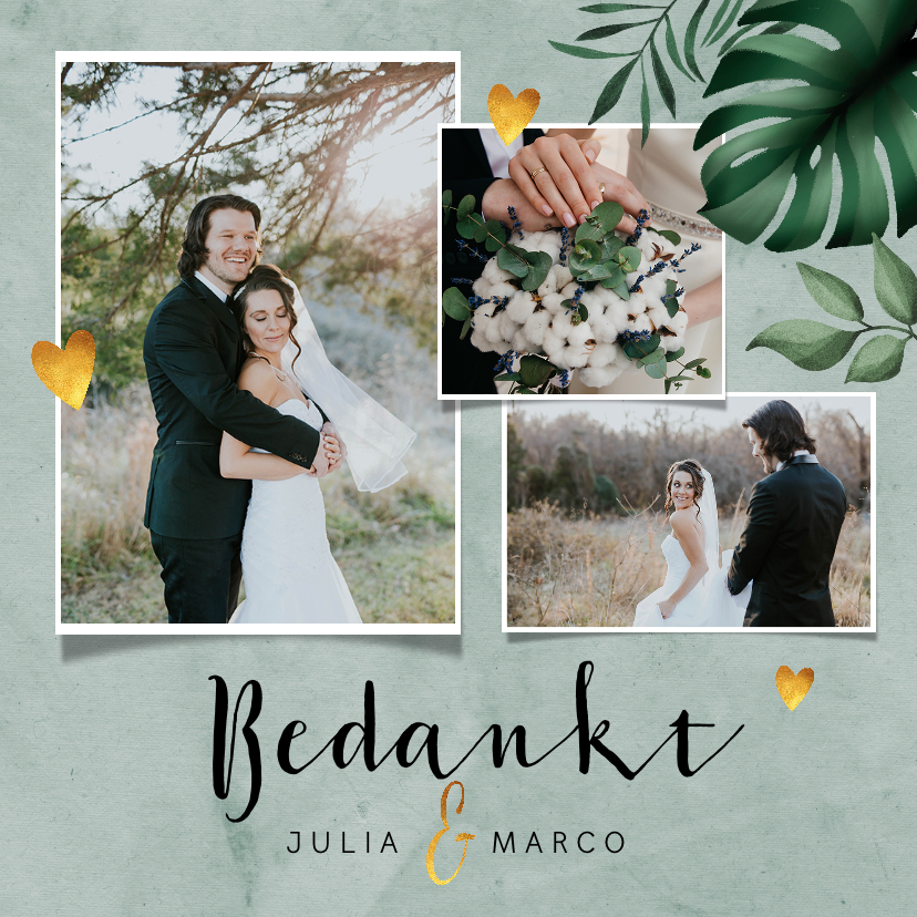 Trouwkaarten - Bedankkaartje bruiloft stijlvol botanisch met fotocollage