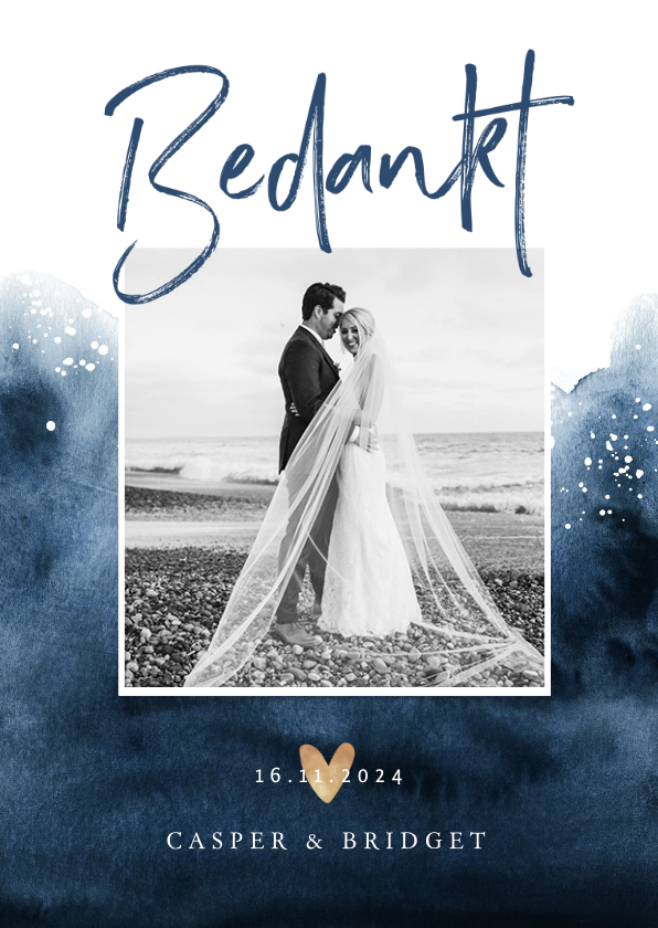 Trouwkaarten - Bedankkaartje bruiloft verf inkt blauw met goudaccent hartje