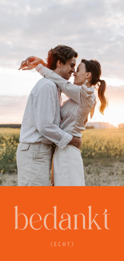 Trouwkaarten - Bedankkaartje trouwerij colorblocking oranje met foto