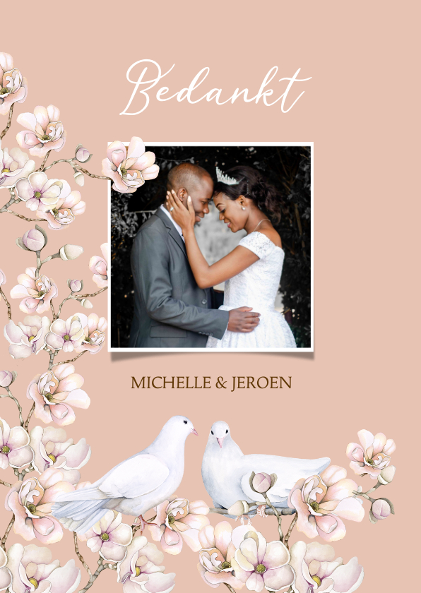 Trouwkaarten - Bedankkaartje voor trouwdag bloesem duiven