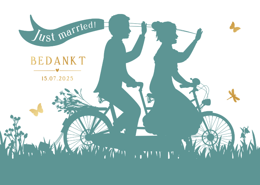 Trouwkaarten - Bedankt trouwkaart met silhouet van huwelijkspaar op tandem