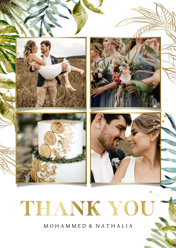 Trouwkaarten - Bedanktkaart bruiloft botanische bladeren watercolour goud