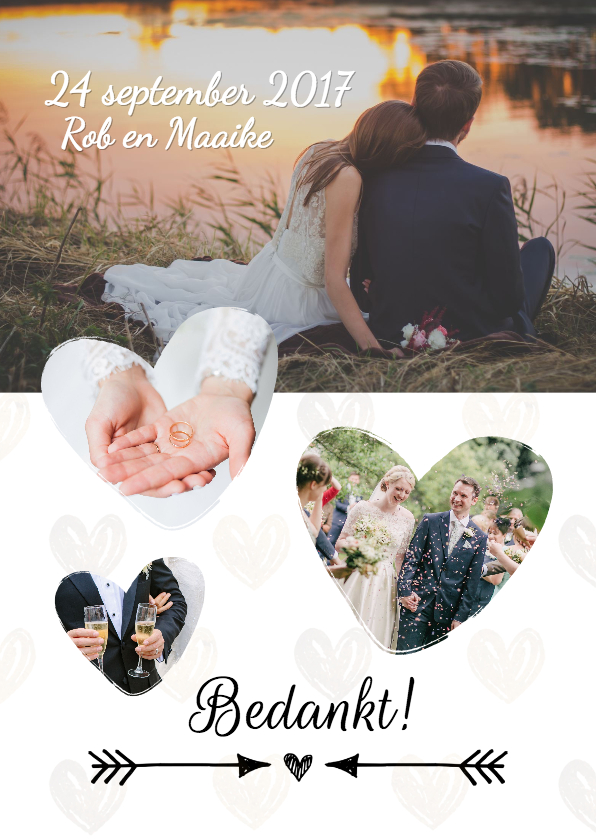 Bedanktkaartje bruiloft met foto's en hartjes - Trouwkaarten Trouwkaarten - Bedanktkaartje bruiloft met foto's en hartjes