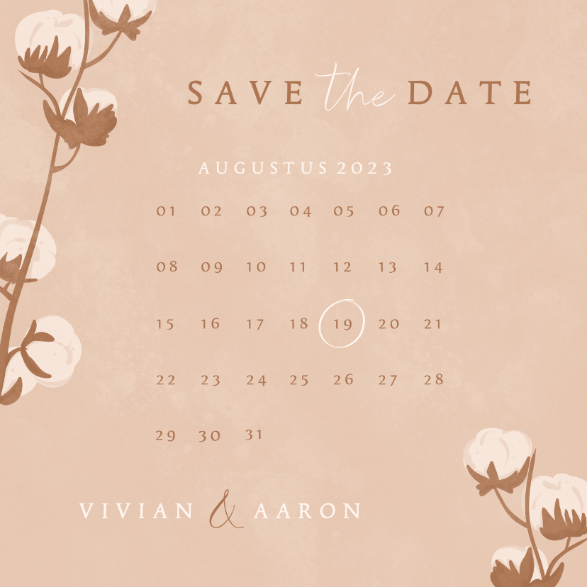 Trouwkaarten - Beige save the date kaart met katoentakje en kalender