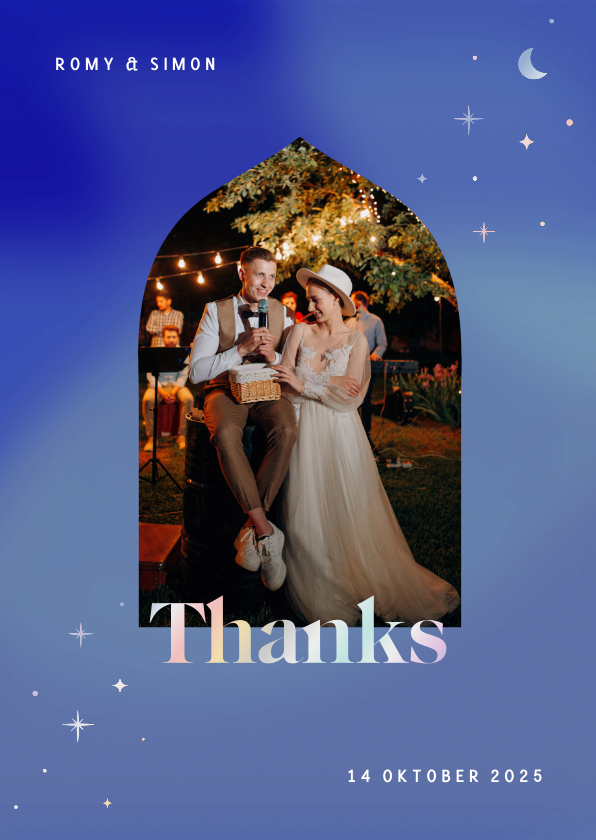 Trouwkaarten - Bijzonder bedankkaartje huwelijk met holografische sterren